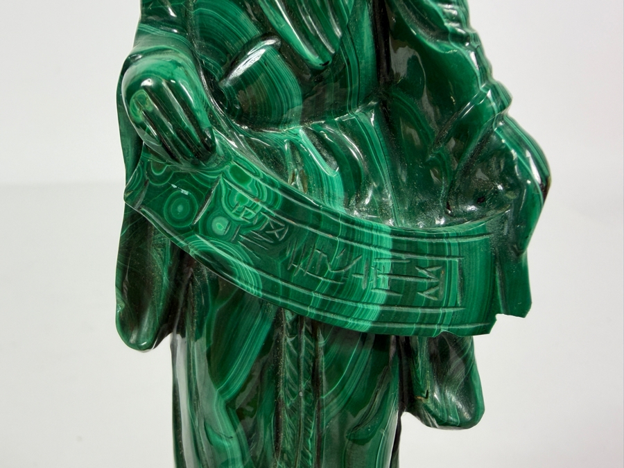 Vintage Chinese Hand Carved Genuine Green Malachite Shou Lao Wise Old Man Immortal Figurine On Fitted Footed Wood Stand 5'H [Photo 3]