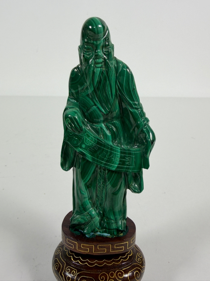 Vintage Chinese Hand Carved Genuine Green Malachite Shou Lao Wise Old Man Immortal Figurine On Fitted Footed Wood Stand 5'H [Photo 2]