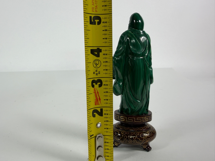Vintage Chinese Hand Carved Genuine Green Malachite Shou Lao Wise Old Man Immortal Figurine On Fitted Footed Wood Stand 5'H [Photo 5]