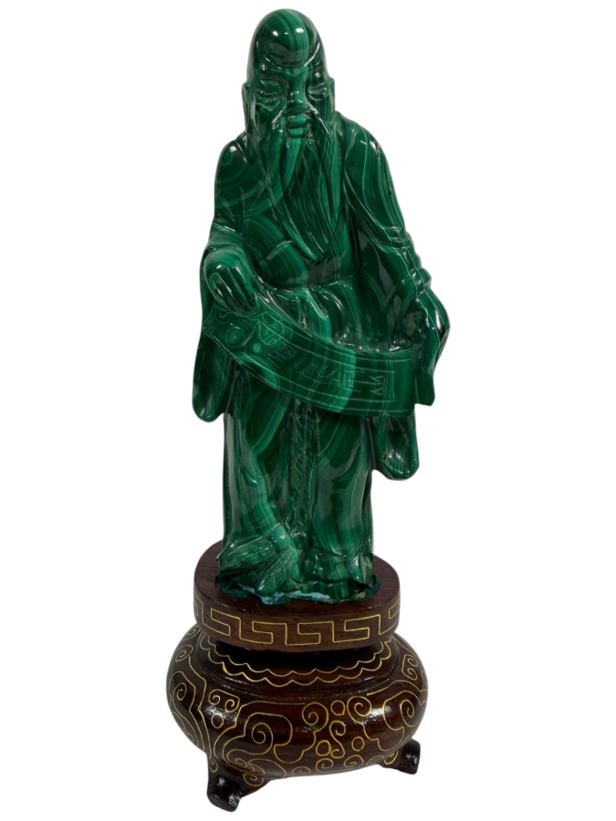 Vintage Chinese Hand Carved Genuine Green Malachite Shou Lao Wise Old Man Immortal Figurine On Fitted Footed Wood Stand 5'H