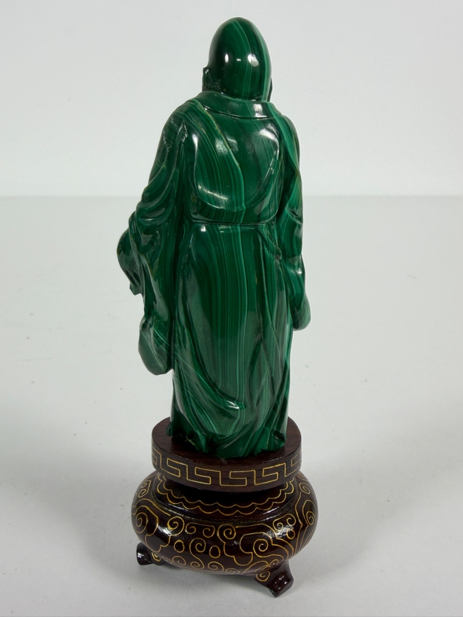 Vintage Chinese Hand Carved Genuine Green Malachite Shou Lao Wise Old Man Immortal Figurine On Fitted Footed Wood Stand 5'H [Photo 4]