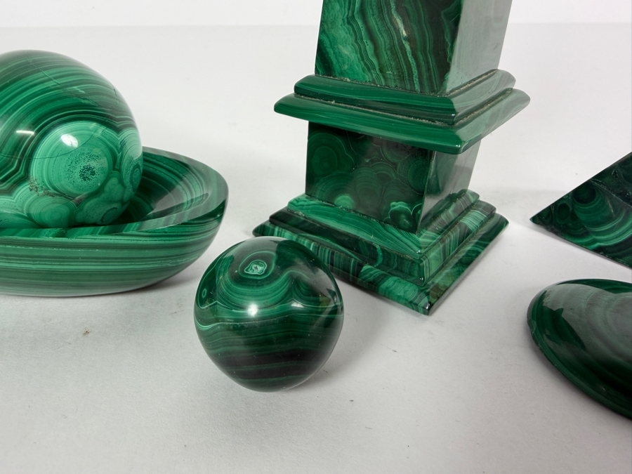 Vintage Genuine Green Malachite Polished Crystal Obelisk Pyramid Sphere Bowl Display Desk Collection Set Of 6 1'H - 6.5'H [Photo 3]