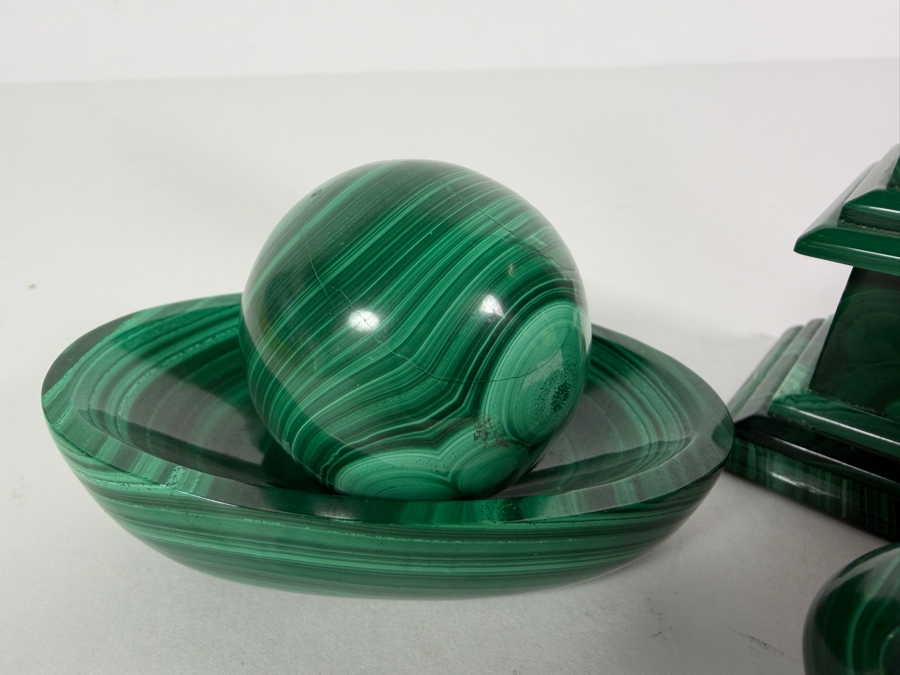 Vintage Genuine Green Malachite Polished Crystal Obelisk Pyramid Sphere Bowl Display Desk Collection Set Of 6 1'H - 6.5'H [Photo 2]