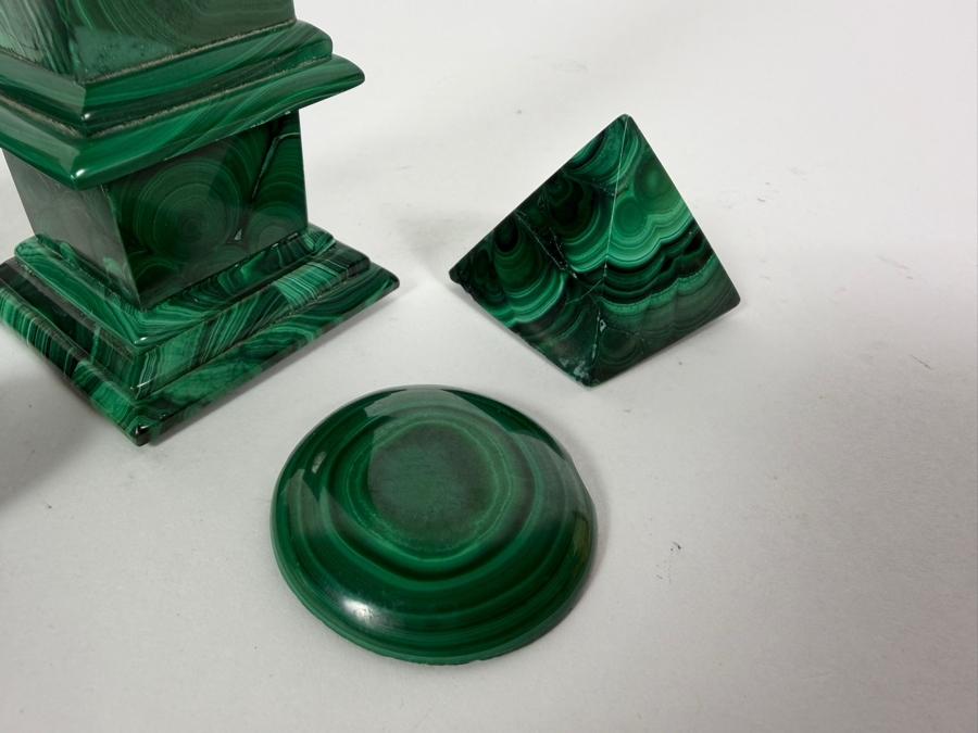 Vintage Genuine Green Malachite Polished Crystal Obelisk Pyramid Sphere Bowl Display Desk Collection Set Of 6 1'H - 6.5'H [Photo 4]