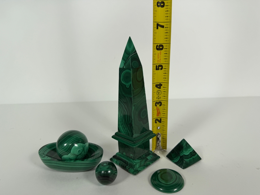 Vintage Genuine Green Malachite Polished Crystal Obelisk Pyramid Sphere Bowl Display Desk Collection Set Of 6 1'H - 6.5'H [Photo 6]