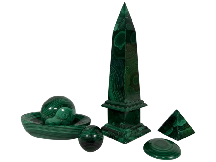 Vintage Genuine Green Malachite Polished Crystal Obelisk Pyramid Sphere Bowl Display Desk Collection Set Of 6 1'H - 6.5'H