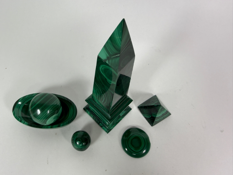 Vintage Genuine Green Malachite Polished Crystal Obelisk Pyramid Sphere Bowl Display Desk Collection Set Of 6 1'H - 6.5'H [Photo 5]