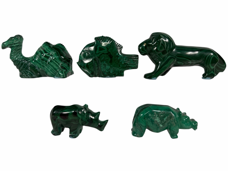 (5) Collection Of Carved Green Malachite Animals And Fish Figurines Approximately 2'H