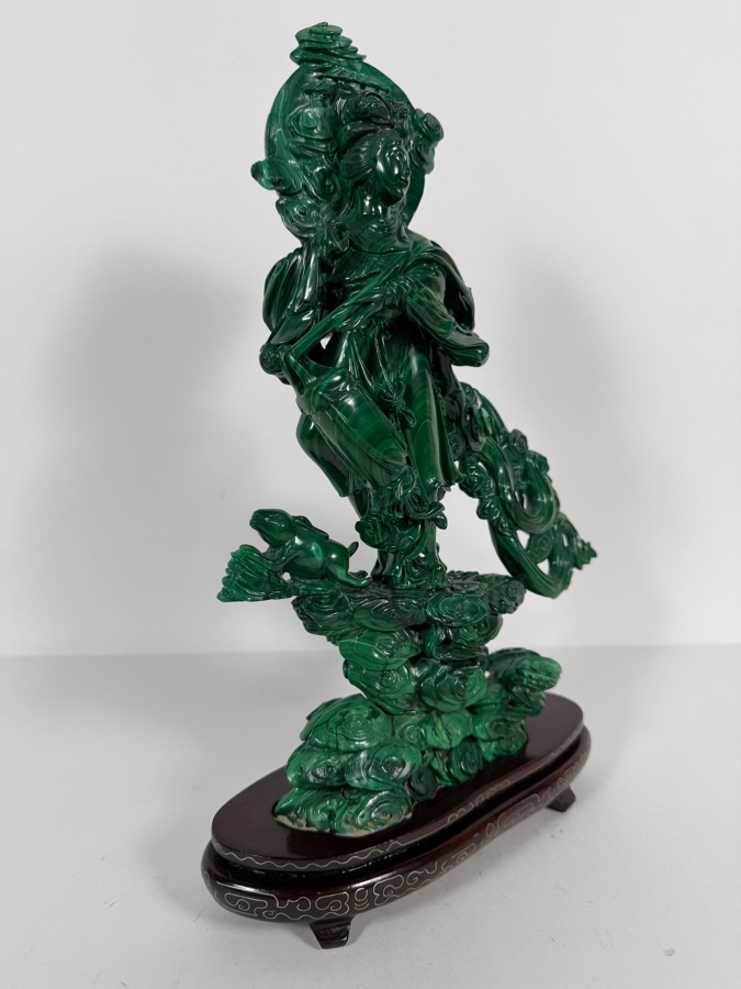 Vintage Chinese Intricately Carved Green Malachite Quan Yin Sculpture On Wooden Base 13.75H [Photo 5]