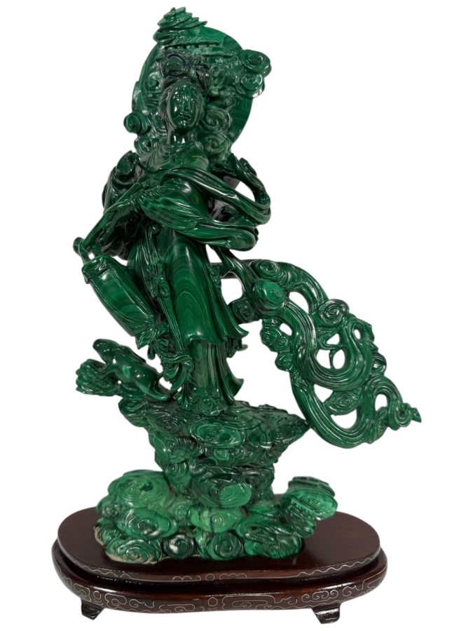Vintage Chinese Intricately Carved Green Malachite Quan Yin Sculpture On Wooden Base 13.75H