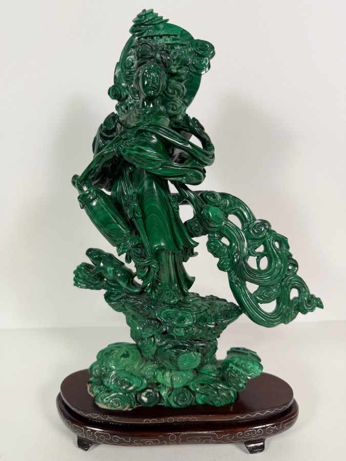 Vintage Chinese Intricately Carved Green Malachite Quan Yin Sculpture On Wooden Base 13.75H [Photo 2]