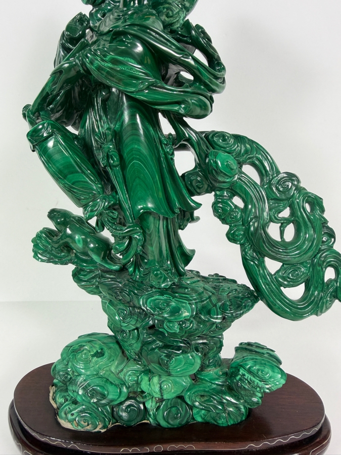 Vintage Chinese Intricately Carved Green Malachite Quan Yin Sculpture On Wooden Base 13.75H [Photo 4]