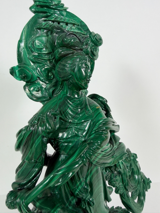 Vintage Chinese Intricately Carved Green Malachite Quan Yin Sculpture On Wooden Base 13.75H [Photo 6]