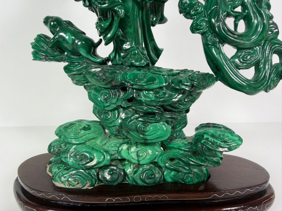 Vintage Chinese Intricately Carved Green Malachite Quan Yin Sculpture On Wooden Base 13.75H [Photo 9]