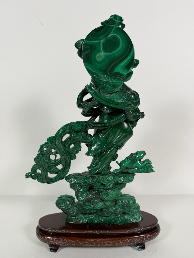 Vintage Chinese Intricately Carved Green Malachite Quan Yin Sculpture On Wooden Base 13.75H [Photo 7]