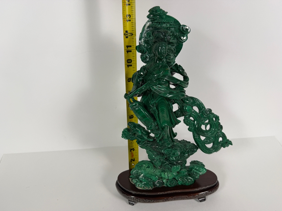 Vintage Chinese Intricately Carved Green Malachite Quan Yin Sculpture On Wooden Base 13.75H [Photo 10]