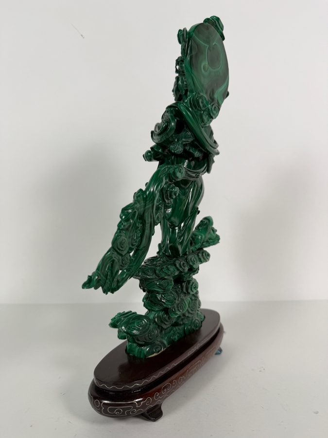 Vintage Chinese Intricately Carved Green Malachite Quan Yin Sculpture On Wooden Base 13.75H [Photo 8]
