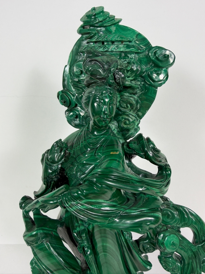 Vintage Chinese Intricately Carved Green Malachite Quan Yin Sculpture On Wooden Base 13.75H [Photo 3]