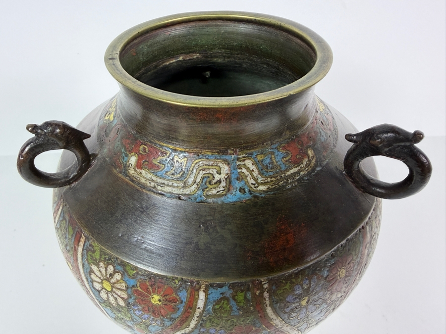 Antique Japanese Bronze Champleve Vase On Wooden Stand 9H [Photo 4]