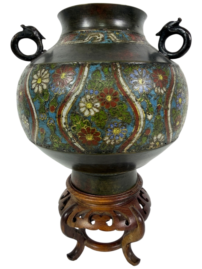 Antique Japanese Bronze Champleve Vase On Wooden Stand 9H