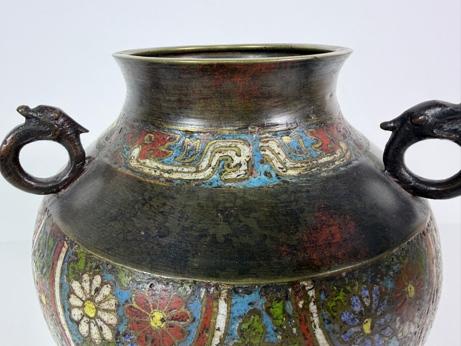 Antique Japanese Bronze Champleve Vase On Wooden Stand 9H [Photo 3]