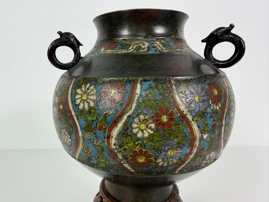 Antique Japanese Bronze Champleve Vase On Wooden Stand 9H [Photo 2]