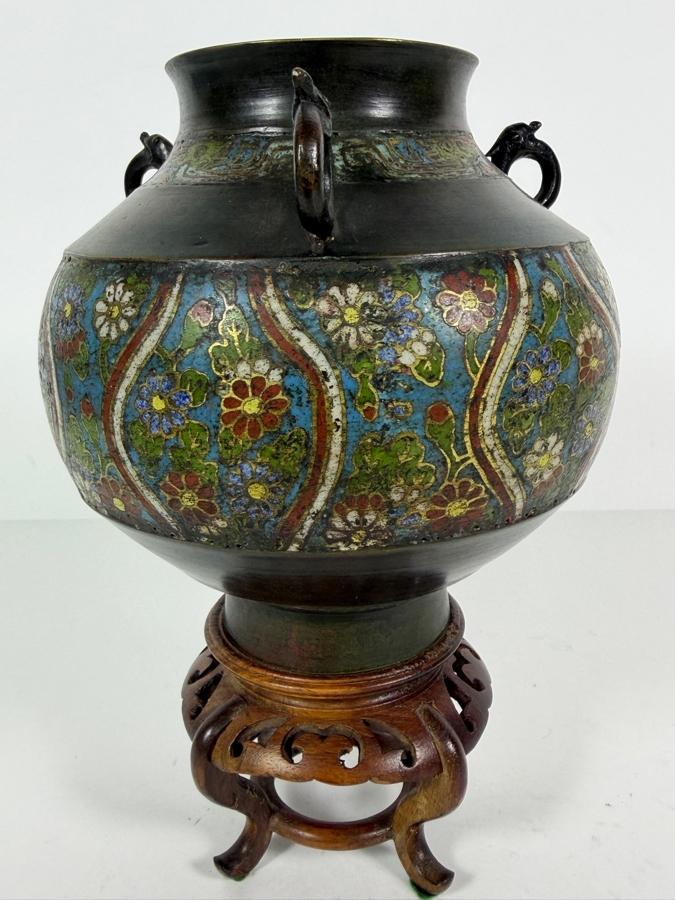 Antique Japanese Bronze Champleve Vase On Wooden Stand 9H [Photo 10]