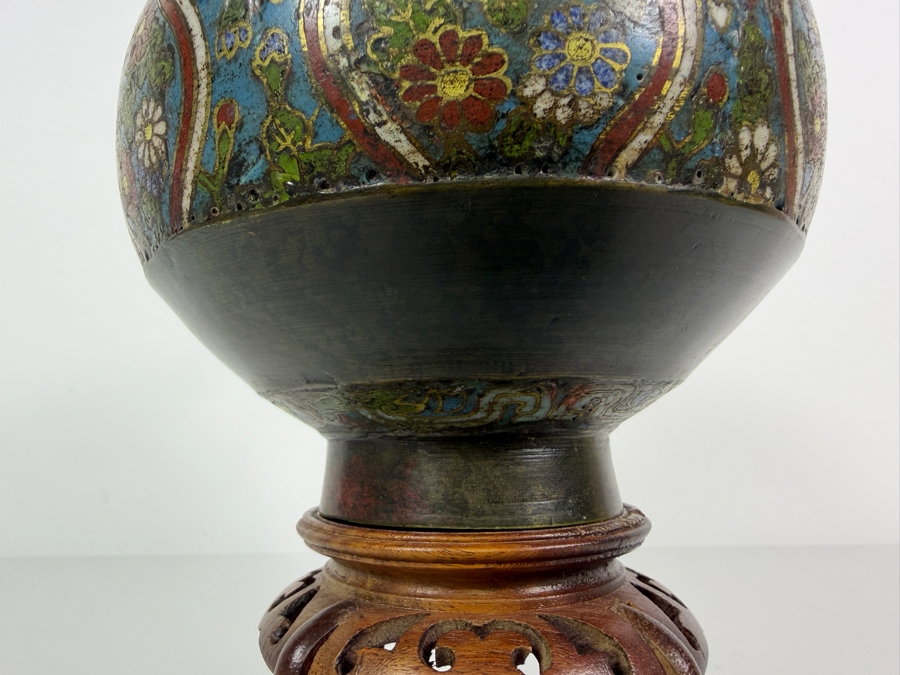 Antique Japanese Bronze Champleve Vase On Wooden Stand 9H [Photo 5]
