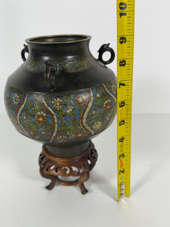 Antique Japanese Bronze Champleve Vase On Wooden Stand 9H [Photo 11]