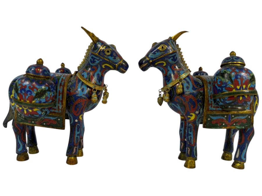 Pair Of Vintage Chinese Cloisonne Horse Figurines Each Measures 6W X 6H