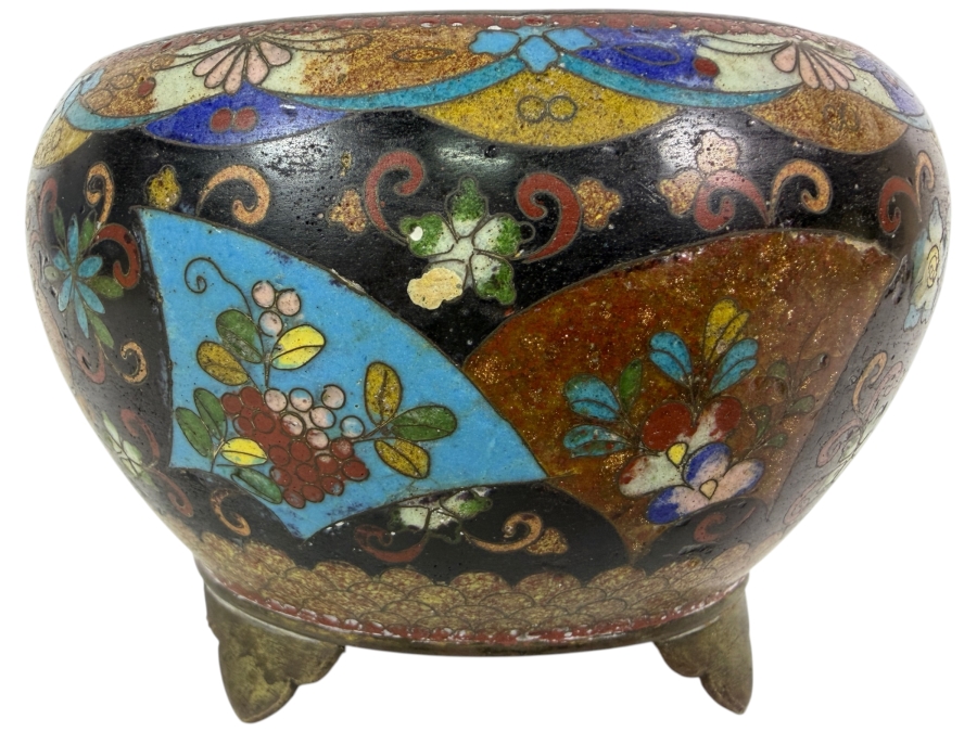 Antique Japanese Cloisonne Enamel Brazier Censer Bowl 4W X 3.25H