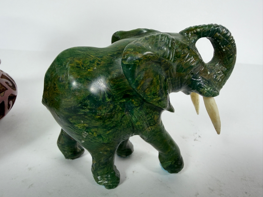 Hand-carved African Green Stone Bust Figurine On Wooden Stand 7H And Elephant Figurine 3H [Photo 8]