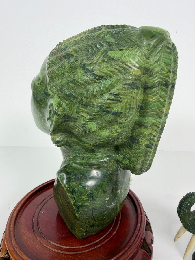 Hand-carved African Green Stone Bust Figurine On Wooden Stand 7H And Elephant Figurine 3H [Photo 7]