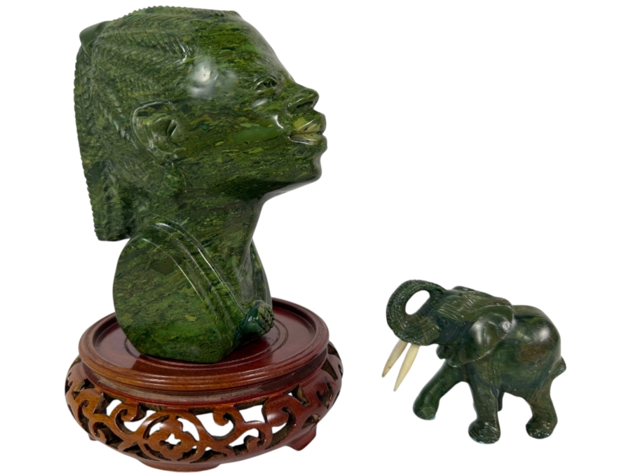 Hand-carved African Green Stone Bust Figurine On Wooden Stand 7H And Elephant Figurine 3H