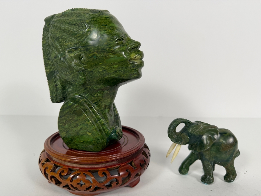 Hand-carved African Green Stone Bust Figurine On Wooden Stand 7H And Elephant Figurine 3H [Photo 2]