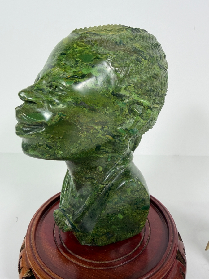Hand-carved African Green Stone Bust Figurine On Wooden Stand 7H And Elephant Figurine 3H [Photo 6]