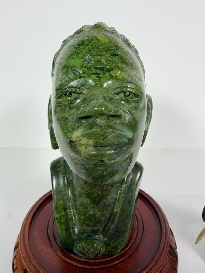 Hand-carved African Green Stone Bust Figurine On Wooden Stand 7H And Elephant Figurine 3H [Photo 5]