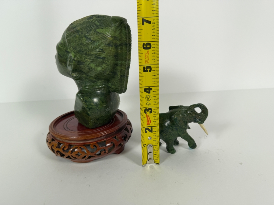 Hand-carved African Green Stone Bust Figurine On Wooden Stand 7H And Elephant Figurine 3H [Photo 9]