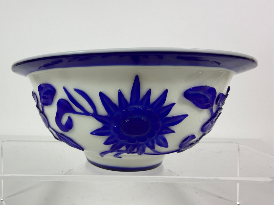 Vintage Chinese Peking Glass Bowl With A Deeply Carved Blue Glass Overlay Creating A Prominent Lotus Flower 7W X 3H [Photo 2]