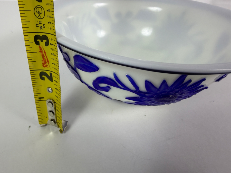 Vintage Chinese Peking Glass Bowl With A Deeply Carved Blue Glass Overlay Creating A Prominent Lotus Flower 7W X 3H [Photo 9]