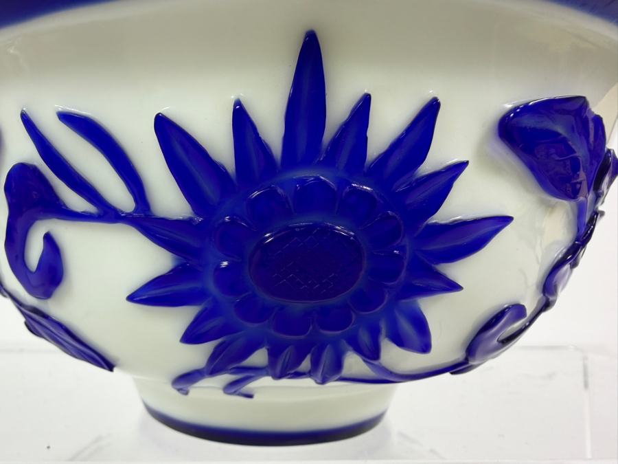 Vintage Chinese Peking Glass Bowl With A Deeply Carved Blue Glass Overlay Creating A Prominent Lotus Flower 7W X 3H [Photo 3]