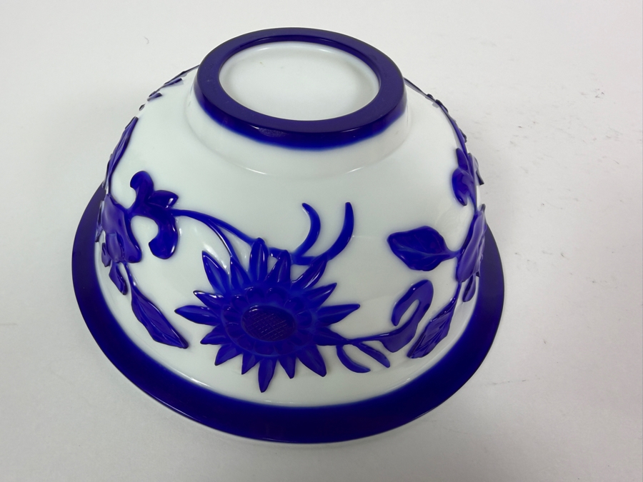 Vintage Chinese Peking Glass Bowl With A Deeply Carved Blue Glass Overlay Creating A Prominent Lotus Flower 7W X 3H [Photo 7]