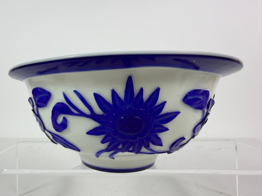 Vintage Chinese Peking Glass Bowl With A Deeply Carved Blue Glass Overlay Creating A Prominent Lotus Flower 7W X 3H [Photo 5]