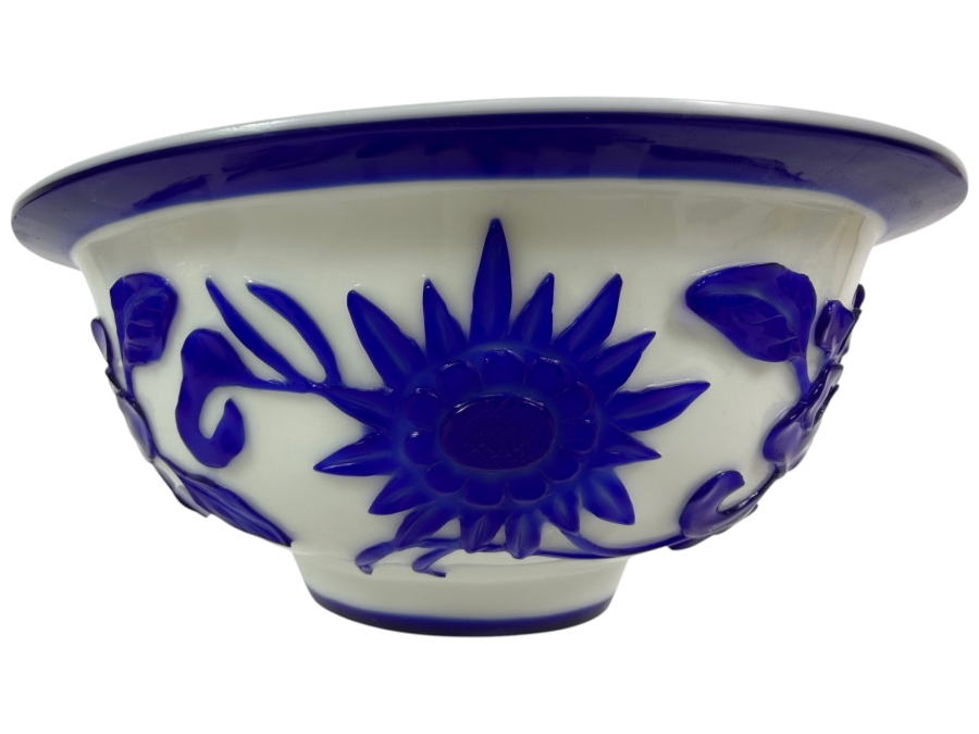 Vintage Chinese Peking Glass Bowl With A Deeply Carved Blue Glass Overlay Creating A Prominent Lotus Flower 7W X 3H