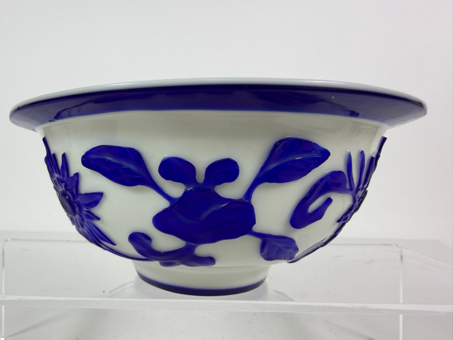 Vintage Chinese Peking Glass Bowl With A Deeply Carved Blue Glass Overlay Creating A Prominent Lotus Flower 7W X 3H [Photo 4]