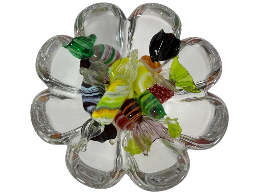 Vintage Crystal Bowl Filled With Murano Art Glass Candies 6W X 3H