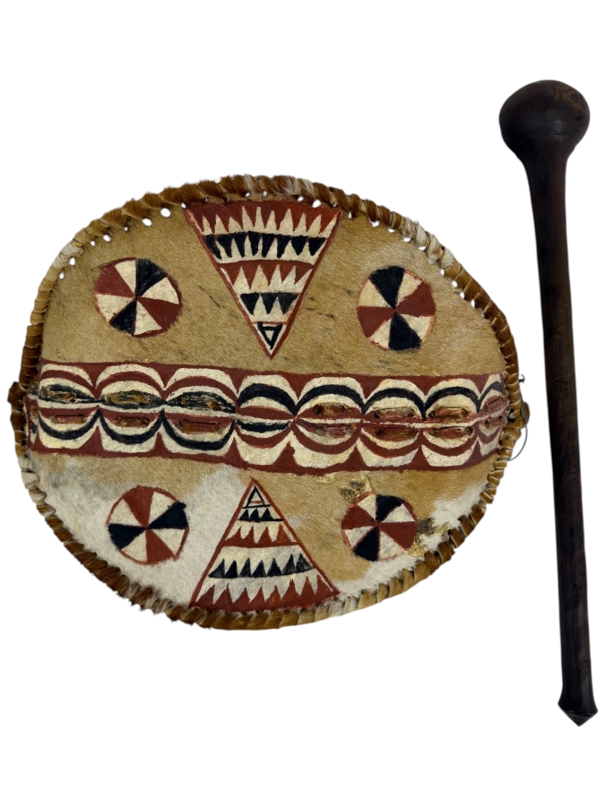 Vintage East African Maasai Warrior's Shield 15'W With Carved Wooden Club 18'L