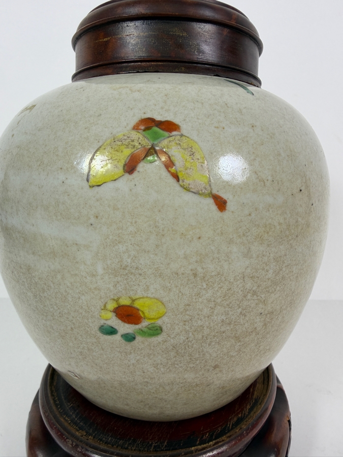 Antique Chinese Porcelain Ginger Jar With Carved Wooden Lid And Stand 8.5'H [Photo 9]