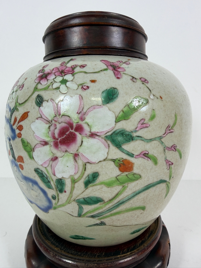 Antique Chinese Porcelain Ginger Jar With Carved Wooden Lid And Stand 8.5'H [Photo 8]