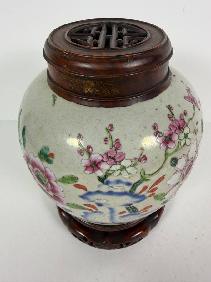 Antique Chinese Porcelain Ginger Jar With Carved Wooden Lid And Stand 8.5'H [Photo 5]